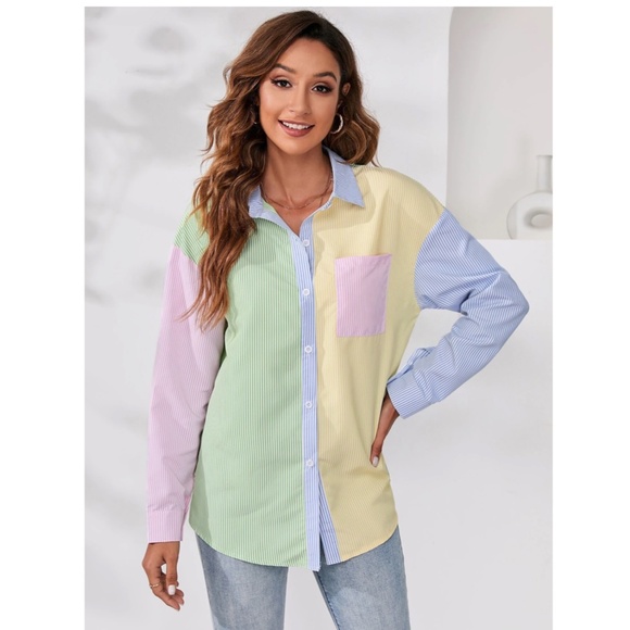 Multicolor Striped Casual Oversized Button Down Shirt (Blue, Green, Yellow, Pink - Picture 7 of 8